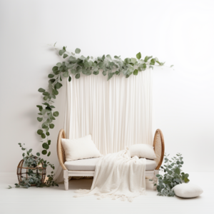 White textured backdrop with a newborn photography prop empty bed away from backdrop bright room with eucalyptus brand --v 5.2