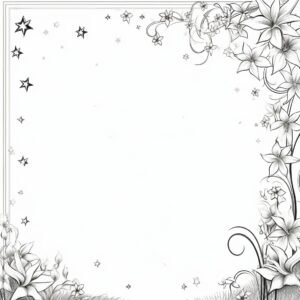 white page, interior of page blank, very delicate narrow border with tiny unicorns, mermaids, flowers and stars, outline vector images only, no color, no fill, thick lines cartoon,--ar 85:110 --v 5.2