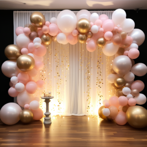 balloon arch party backdrop, gold white nad pink colour pallette, glowy lighting, golden hour --v 5.2