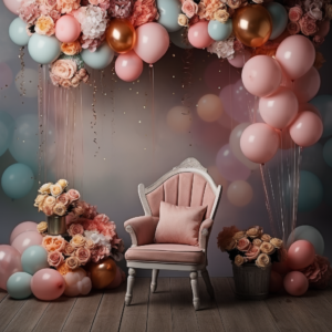 Beautiful, high-quality baby birthday photography backdrop, with an empty chair, 8k --v 5.2