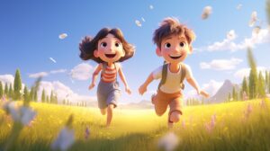 2 children havign fun in summer in pixar animation style, bright sunny day --ar 16:9 --v 5.2
