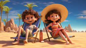 2 children on vacation with sunny weather in pixar animation style --ar 16:9 --v 5.2