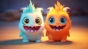 2 cute friendly identical creatures in pixar animation style with a bright background --ar 16:9 --v 5.2