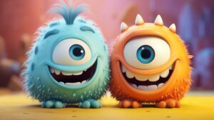 2 cute friendly identical creatures in pixar animation style with a bright background --ar 16:9 --v 5.2