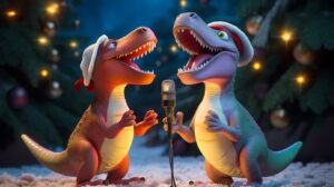 2 friendly dinosaurs wearing christmas hats singing christmas carols together in pixar animation style in a jungle setting --ar 16:9 --v 5.2