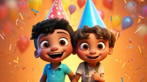 2 happy diverse children wearing party hats in pixar animation style with a bright background --ar 16:9 --v 5.2