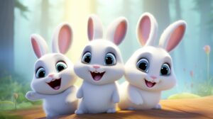 3 cute happy bunnies in pixar animation style with a bright background --ar 16:9 --v 5.2