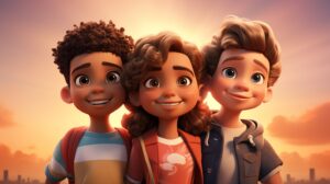 3 diverse children friends in pixar animation style with a bright background --ar 16:9 --v 5.2
