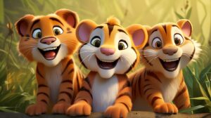 3 friendly tigers in pixar animation style --ar 16:9 --v 5.2