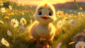 a baby chick playing a field in springtime in pixar animation style --ar 16:9 --v 5.2