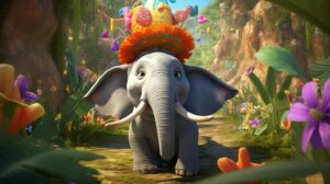 a big friendly elephant with tusks wearing a party hat in pixar animation style with a BRIGHT jungle setting --ar 16:9 --v 5.2