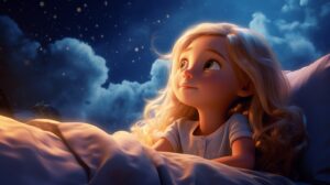 a blonde girl child in bed dreaming about a unicorn fantasy world in pixar animation style --ar 16:9 --v 5.2