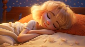 a blonde girl child peacefully sleeping in pixar animation style --ar 16:9 --v 5.2