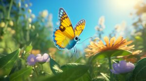 a butterfly in summer on a bright day in pixar animation style --ar 16:9 --v 5.2