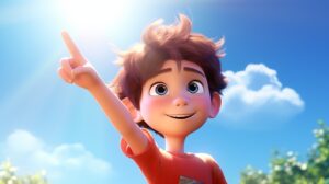 a child pointing in pixar animation style on a sunny day --ar 16:9 --v 5.2