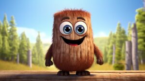 a cute friendly creature made from wood in pixar animation style with a bright background --ar 16:9 --v 5.2