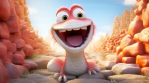 a cute friendly creature wriggling through a rocky setting in pixar animation style with a bright background --ar 16:9 --v 5.2