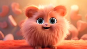 a cute friendly fuzzy creature with hearts on its fur in pixar animation style with a bright background --ar 16:9 --v 5.2