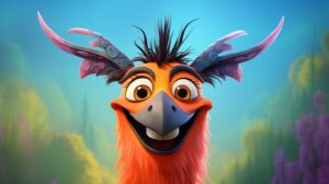 a cute friendly made up bird creature with horns called a rhinobeak in pixar animation style with a bright background --ar 16:9 --v 5.2
