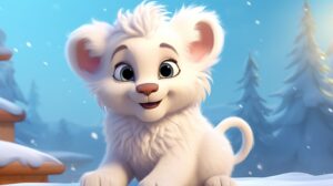 a cute friendly white lion in the snow in pixar animation style with a bright background --ar 16:9 --v 5.2