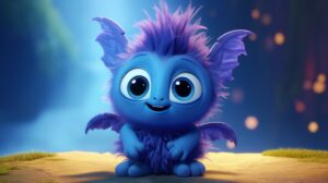 a cute, indigo blue creature in pixar animation style with a bright background --ar 16:9 --v 5.2