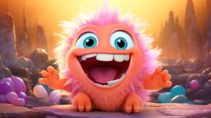 a cute, made up friendly creature with a very big mouth in pixar animation style with a bright background --ar 16:9 --v 5.2