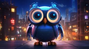 a cute owl robot with big eyes that only comes out at night in pixar animation style with a night background --ar 16:9 --v 5.2