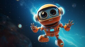 a cute robot flying through space in pixar animation style --ar 16:9 --v 5.2
