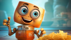 a cute robot that can make potato chips in pixar animation style with a bright background --ar 16:9 --v 5.2