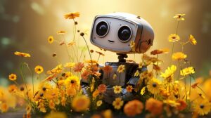 a cute robot with flowers growing from its body in pixar animation style --ar 16:9 --v 5.2