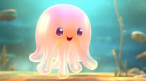 a cute translucent jelly creature in pixar animation style with a bright background --ar 16:9 --v 5.2