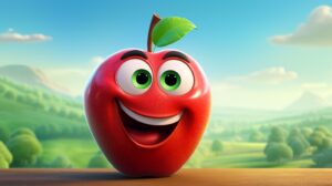 a friendly apple in pixar animation style with a bright background --ar 16:9 --v 5.2