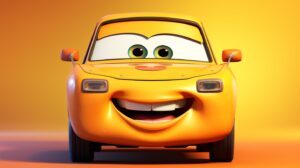 a friendly car character with a bright background in pixar animation style --ar 16:9 --v 5.2