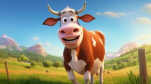 a friendly cow with a bright background in pixar animation style --ar 16:9 --v 5.2