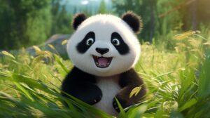 a friendly, cute baby panda in pixar animation style with a BRIGHT, bamboo setting --ar 16:9 --v 5.2