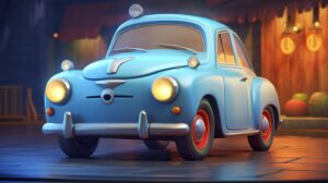 a friendly, cute car character in pixar animation style with a BRIGHT, setting --ar 16:9 --v 5.2