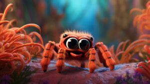 a friendly cute tarantula in pixar animation style with a bright background --ar 16:9 --v 5.2
