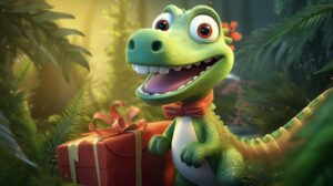 a friendly dinosaur carrying christmas presents in pixar animation style in the jungle --ar 16:9 --v 5.2