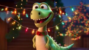 a friendly dinosaur wearing a christmas hat hanging christmas lights in pixar animation style on a bright day in the jungle --ar 16:9 --v 5.2