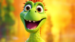 a friendly dinosaur with a bright background in pixar animation style --ar 16:9 --v 5.2