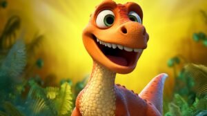 a friendly dinosaur with a bright background in pixar animation style --ar 16:9 --v 5.2