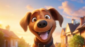 a friendly dog with a bright sunny background in pixar animation style --ar 16:9 --v 5.2