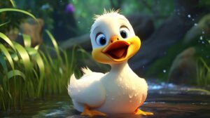a friendly duck in pixar animation style with a bright setting --ar 16:9 --v 5.2