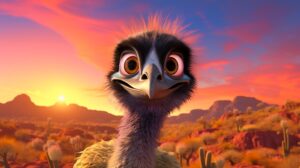 a friendly emu with a bright background in pixar animation style --ar 16:9 --v 5.2