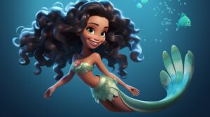 a friendly ethnic mermaid in pixar animation style with ab right background --ar 16:9 --v 5.2