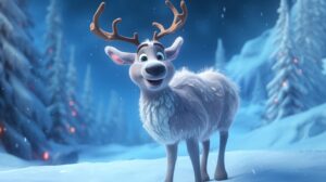 a friendly female reindeer in the snow in pixar animation style --ar 16:9 --v 5.2