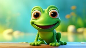 a friendly frog with a bright background in pixar animation style --ar 16:9 --v 5.2