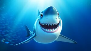 a friendly happy shark in pixar animation style with a bright background --ar 16:9 --v 5.2