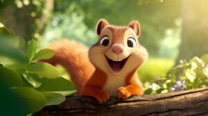a friendly, happy squirrel in pixar animation style with a bright, green, leafy sunny background --ar 16:9 --v 5.2