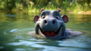 a friendly hippo in pixar animation style --ar 16:9 --v 5.2